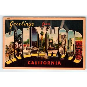 Greetings From Hollywood California 1940's Large Letter Linen Postcard 1947